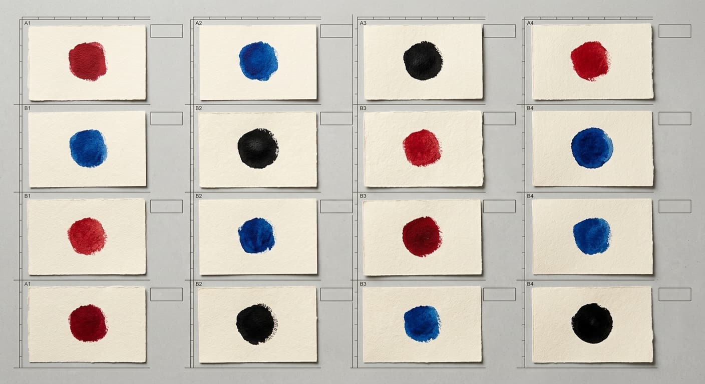 Paper sample grid board showing the same pigment tested across paper weight and tooth